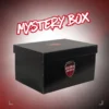Mystery Box Gloria Bistrița: cutie neagră cu stema clubului pe capac și inscripția „MYSTERY BOX" deasupra.