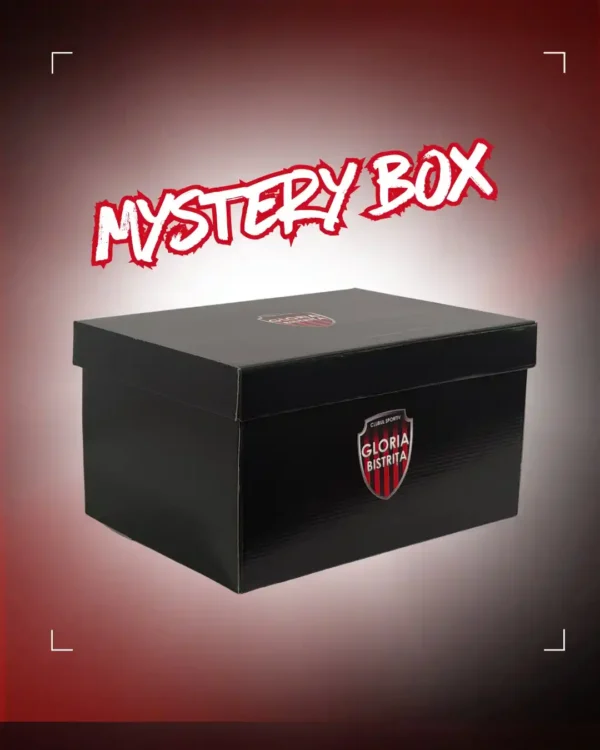 Mystery Box Gloria Bistrița: cutie neagră cu stema clubului pe capac și inscripția „MYSTERY BOX" deasupra.