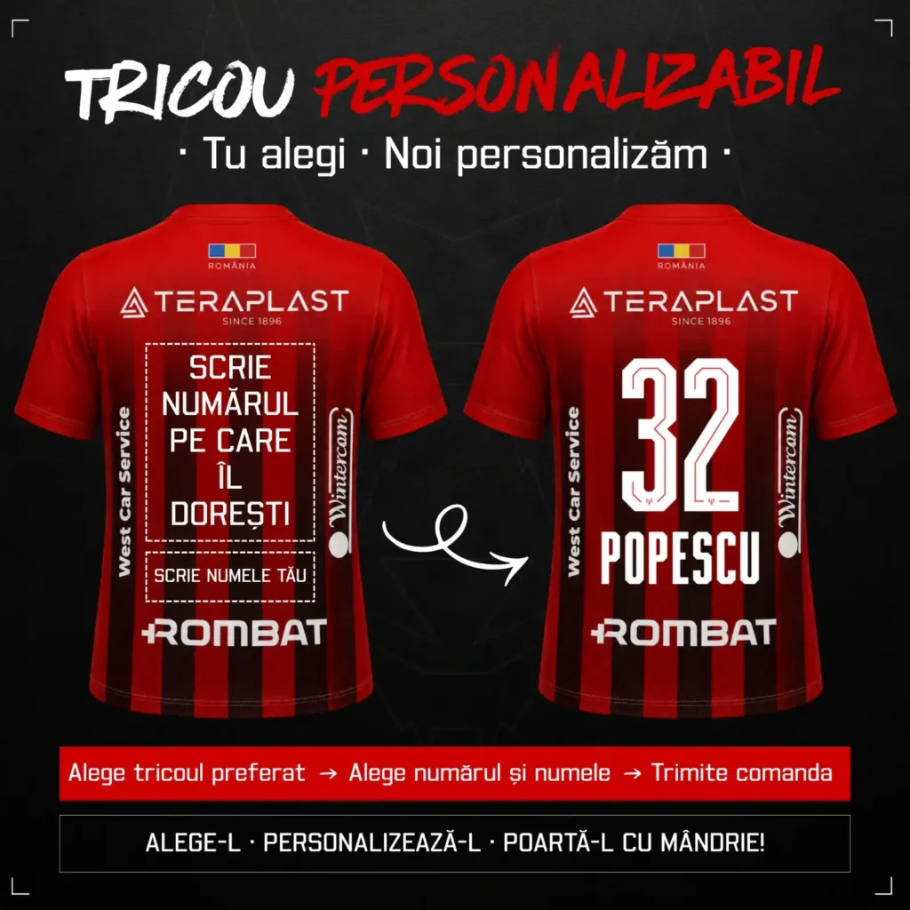 Tricou de joc personalizabil Gloria Bistrița — spatele, înainte și după imprimare: în exemplu, numărul 32 și numele POPESCU.