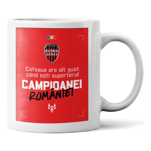 Cană Gloria Bistrița – Cafeaua are alt gust Cană ceramică Gloria Bistrița cu textul Cafeaua are alt gust când ești suporterul Campioanei României