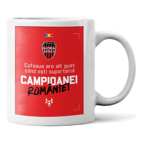 Cană Gloria Bistrița – Cafeaua are alt gust Cană ceramică Gloria Bistrița cu textul Cafeaua are alt gust când ești suporterul Campioanei României