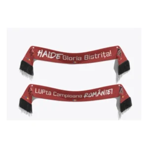 Eșarfă roșie de suporter Gloria Bistrița cu textele Haide Gloria Bistrița și Luptă Campioana României
