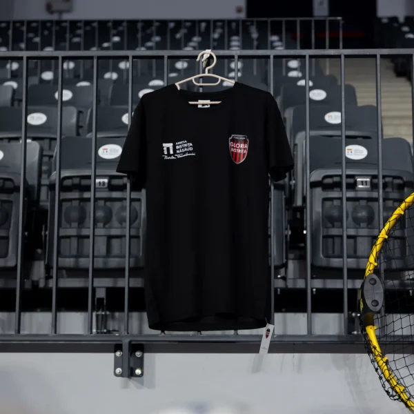 Tricou de antrenament Gloria Bistrița, croială de bărbați, sintetic, negru — fața, cu stema clubului și sigla județului.