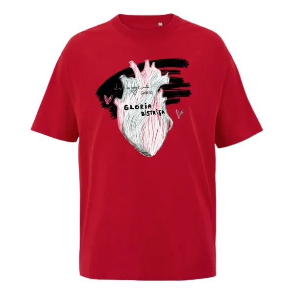 Tricou roșu Gloria Bistrița cu desenul unei inimi și textul Gloria Bistrița