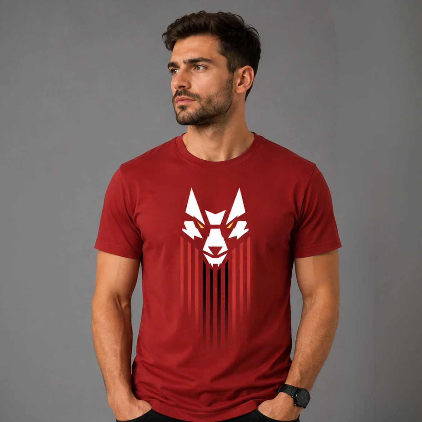 Tricou SuperLUPtă Gloria Bistrița, roșu — fața, cu lupul alb și dungile în culorile României.